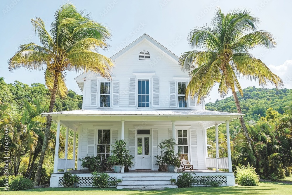 A beautiful white house with two palm trees in front, perfect for various uses such as real estate marketing or travel brochures A beautiful white house with two palm trees in front, perfect for various uses such as real estate marketing or travel brochures