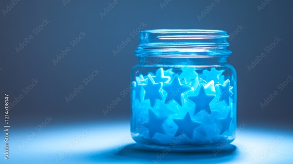 A mesmerizing jar glows with blue star-shaped lights. These stars illuminate the night with a magical ambiance. Perfect for home decor or celebrations. Generative AI A mesmerizing jar glows with blue star-shaped lights. These stars illuminate the night with a magical ambiance. Perfect for home decor or celebrations. Generative AI
