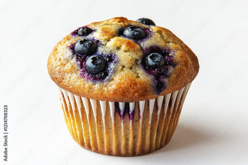 Freshly baked blueberry muffin with golden top and juicy berries on a clean white background Freshly baked blueberry muffin with golden top and juicy berries on a clean white background