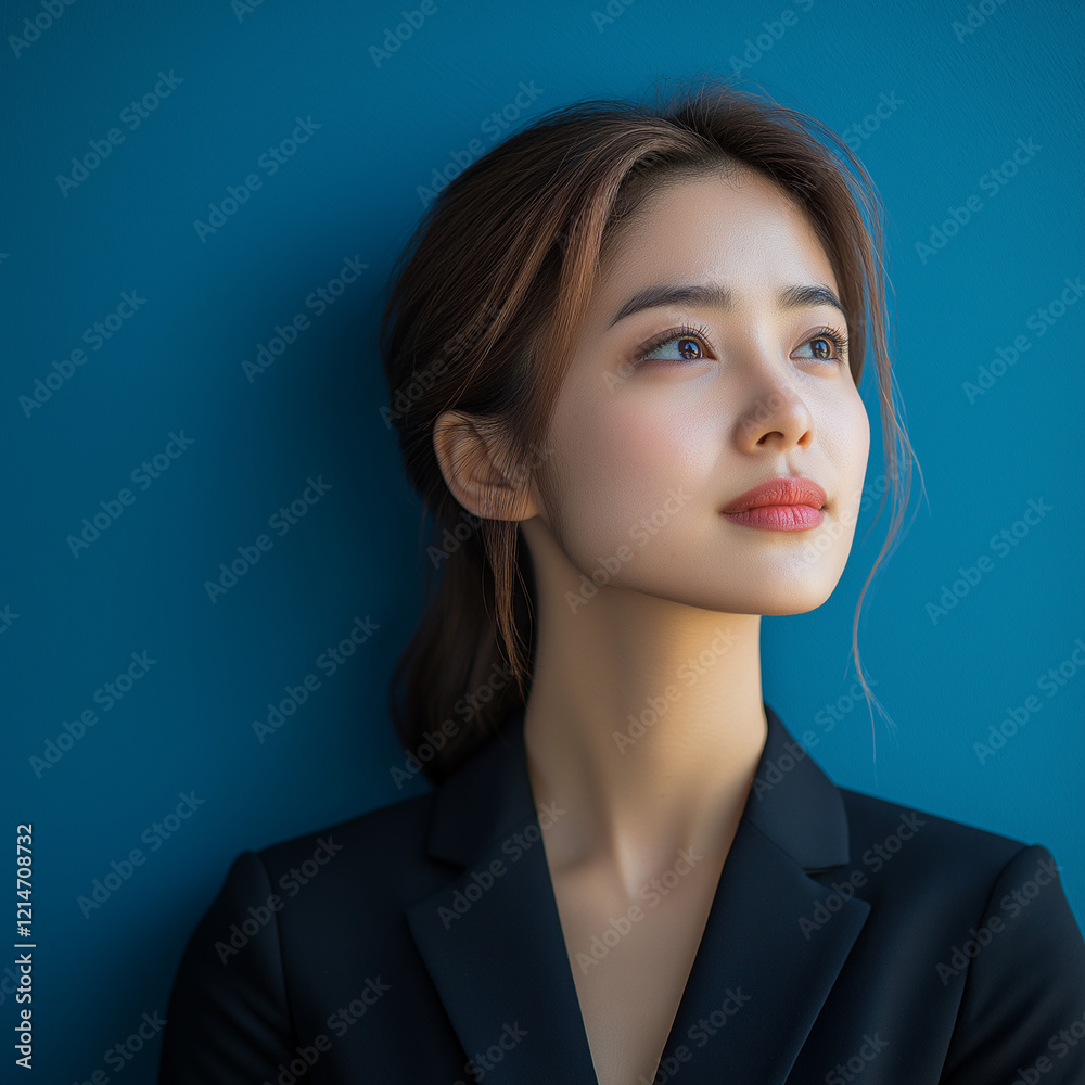 Happy business woman asian executive standing looking and dreaming of future business success, thinking of new goals, business vision and leadership concept on blue background