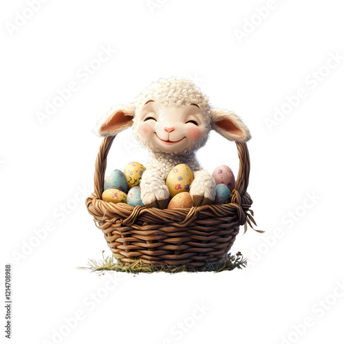 Smiling joyful Young White Lamb Sitting in a Basket with Eggs, Perfect for Seasonal and Artistic Projects photo