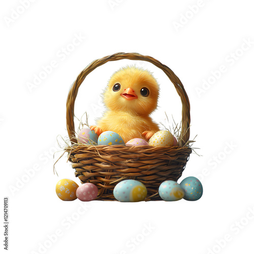 Fluffy Yellow Chick Perched in a Basket Filled with Eggs, Ready for Festive Designs and Branding, PNG transparent background photo