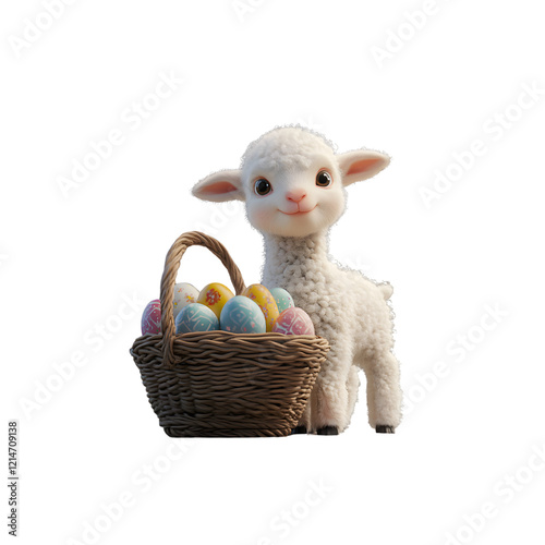 Cute young fluffy young white baby lamb standing next to basket with easter eggs illustration, isolated on transparent background, png file