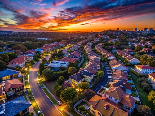 Sydney Suburb Sunset: Aerial Silhouette of Luxury Homes on a Curving Street