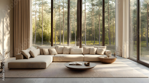 Minimalist lounge with neutral tones and natural light flooding in.