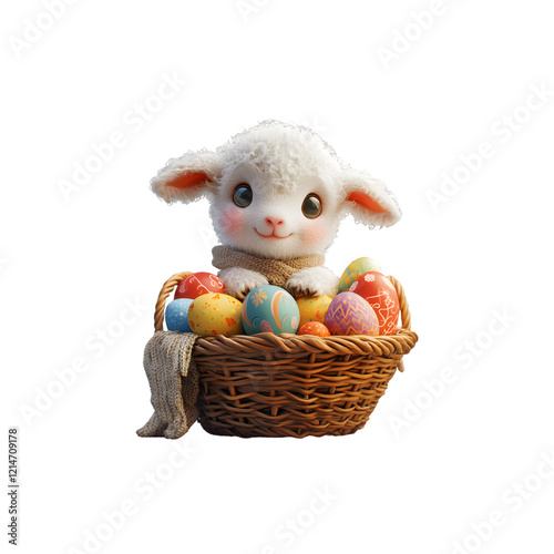 Cute young fluffy young white baby lamb sitting in basket with easter eggs illustration, isolated on transparent background, png file