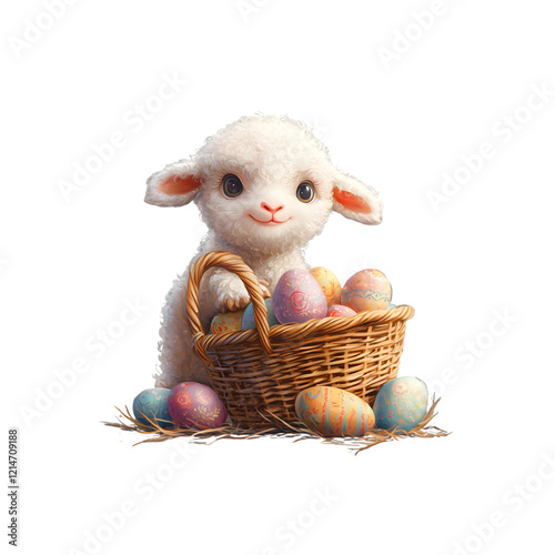 Cute young fluffy young white baby lamb sitting in basket with easter eggs illustration, isolated on transparent background, png file