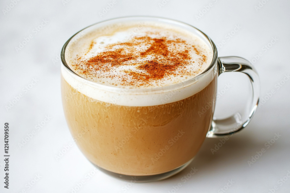 Enjoying a frothy chai latte with cinnamon dust on top in a clear mug against a clean white backdrop Enjoying a frothy chai latte with cinnamon dust on top in a clear mug against a clean white backdrop