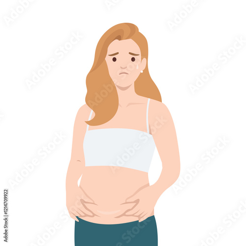Woman looking concerned as she examines her stomach, reflecting emotions about body confidence. Flat vector illustration isolated on white background
