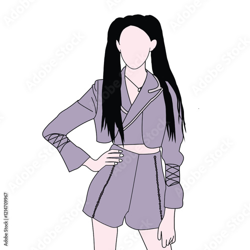 Illustrative Art of Faceless Woman in Stylish Outfit.
An elegant illustration depicting a stylishly dressed woman wearing a modern two-piece outfit with long hair.