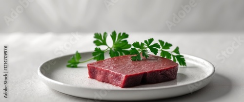 Fresh Raw Liver on White Plate with Herbs photo