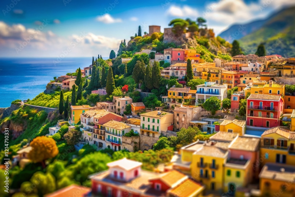 Obraz premium Taormina, Sicily: Charming Hilltop Town Miniature Tilt-Shift Photography