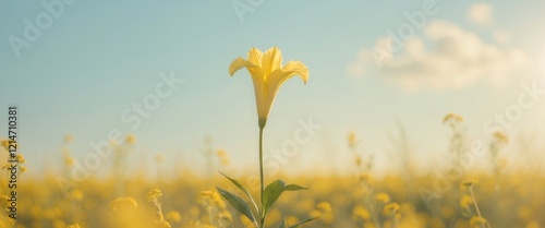 Golden Trumpet Flower Standing Out in Vibrant Yellow Field with Soft Sunlight Creating a Warm and Inviting Atmosphere photo