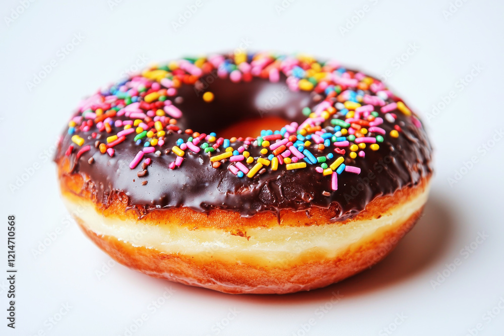 Indulge in a colorful glazed donut topped with chocolate frosting and vibrant sprinkles