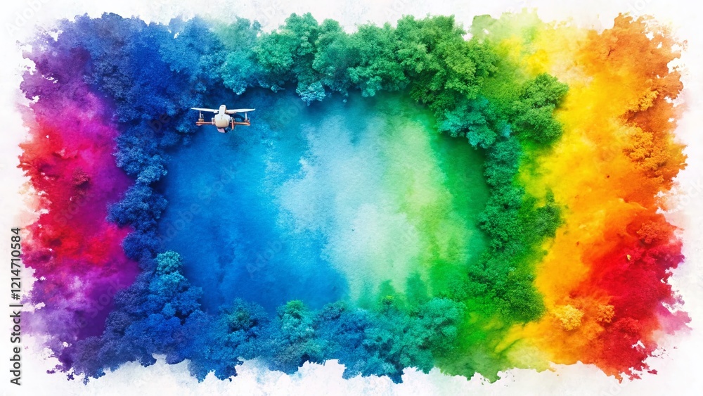 Fototapeta premium Aerial Drone View: Vibrant Rainbow Watercolor Border, Isolated White Background