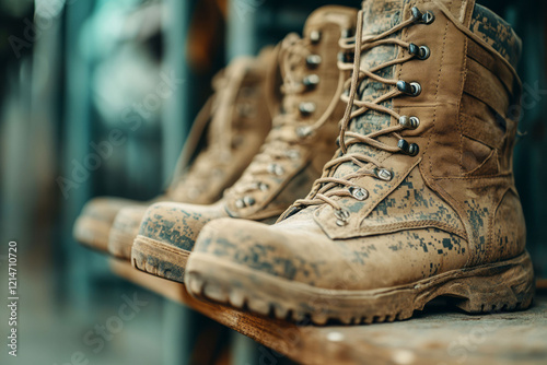 Worn Military Boots on a Wooden Shelf with Blurred Background in Industrial Setting photo