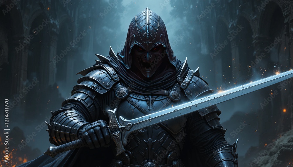 Naklejka premium Dark warrior in the armor with the sword, illustration digital painting.