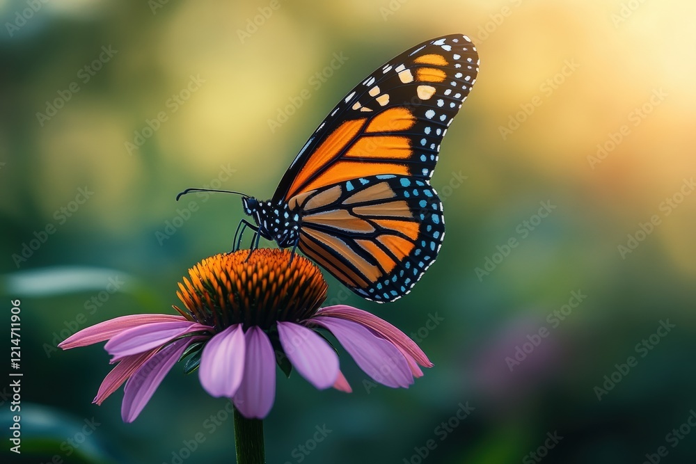 Close-up of a Monarch Butterfly Resting on a Pink Coneflower Petal in Soft Natural Light with a Beautiful Bokeh Background Close-up of a Monarch Butterfly Resting on a Pink Coneflower Petal in Soft Natural Light with a Beautiful Bokeh Background