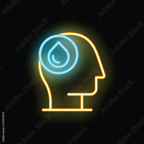 Neon sign of a human head silhouette with a water drop inside symbolizing the thought of drinking