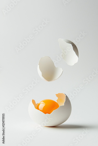 Broken egg with yolk on white background. photo