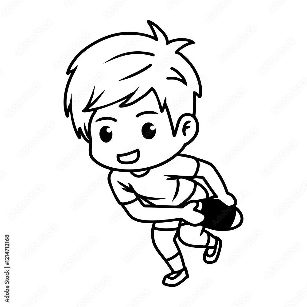 Boy rugby player holding a rugby ball in running pose, chibi character. black line art Boy rugby player holding a rugby ball in running pose, chibi character. black line art