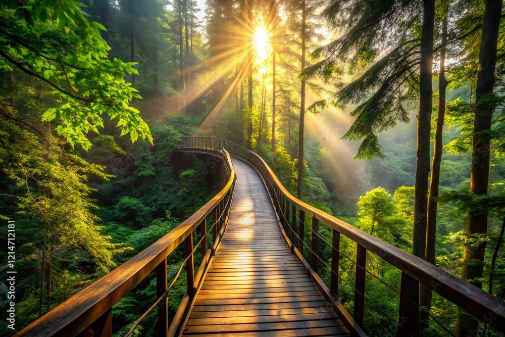 Obraz premium Aerial Silhouette: Wooden Bridge Walkway Through Lush Forest Canopy