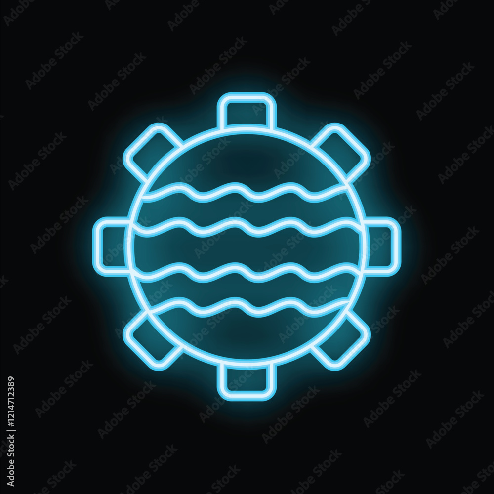 Obraz premium Glowing neon icon of a naval mine with waves inside, isolated on black background