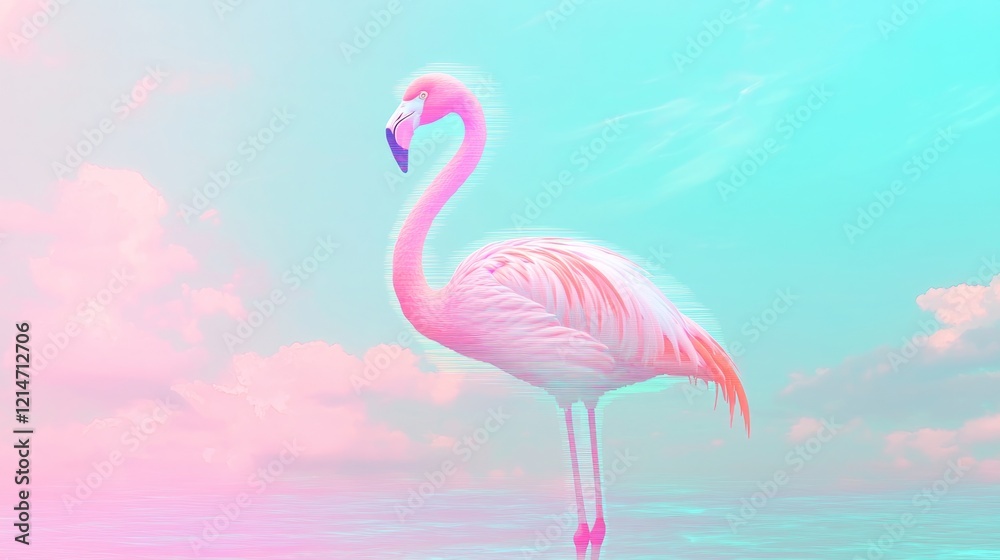 Fototapeta premium Ethereal Flamingo Dreamscape in Vaporwave Style with Glitch Lines and Aquamarine Clouds, Ultra-Detailed Cinematic Image