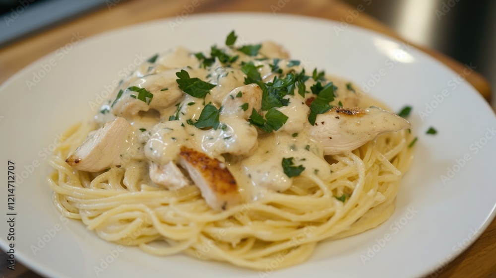 A delicious meal of pasta and chicken served on a clean white plate A delicious meal of pasta and chicken served on a clean white plate