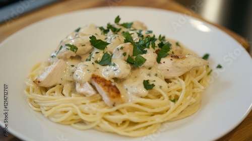 A delicious meal of pasta and chicken served on a clean white plate