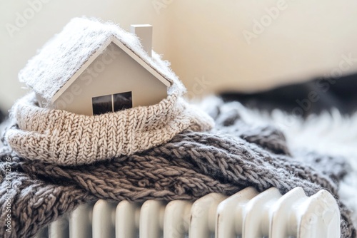 A small house perched on top of a radiator, great for illustrating unusual or whimsical scenarios photo