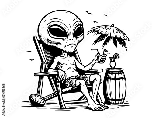 alien relaxing on beach chair with drink in black line art