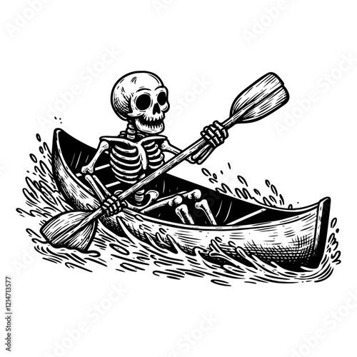 skeleton paddling canoe in black engraving line art