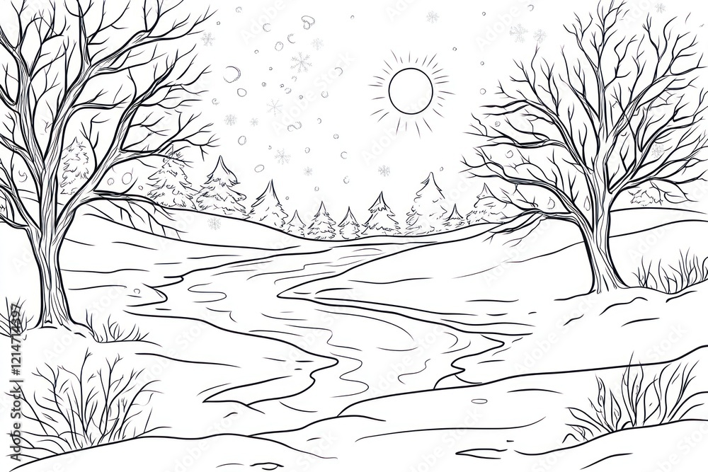 Fototapeta premium Snowy stream winter landscape coloring page