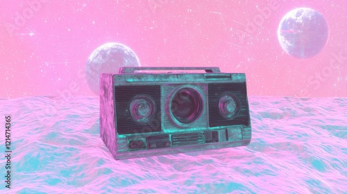Retro Boombox Glitch Meltdown: Vaporwave Cinematic VHS Artwork in Pastel Star Fields
