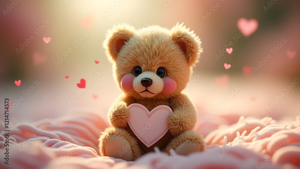 A lovable teddy bear with hearts in the background.
A lovable teddy bear with hearts in the background.