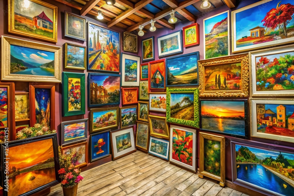 Fototapeta premium Aerial View: Diverse Framed Artwork Collection on Gallery Wall