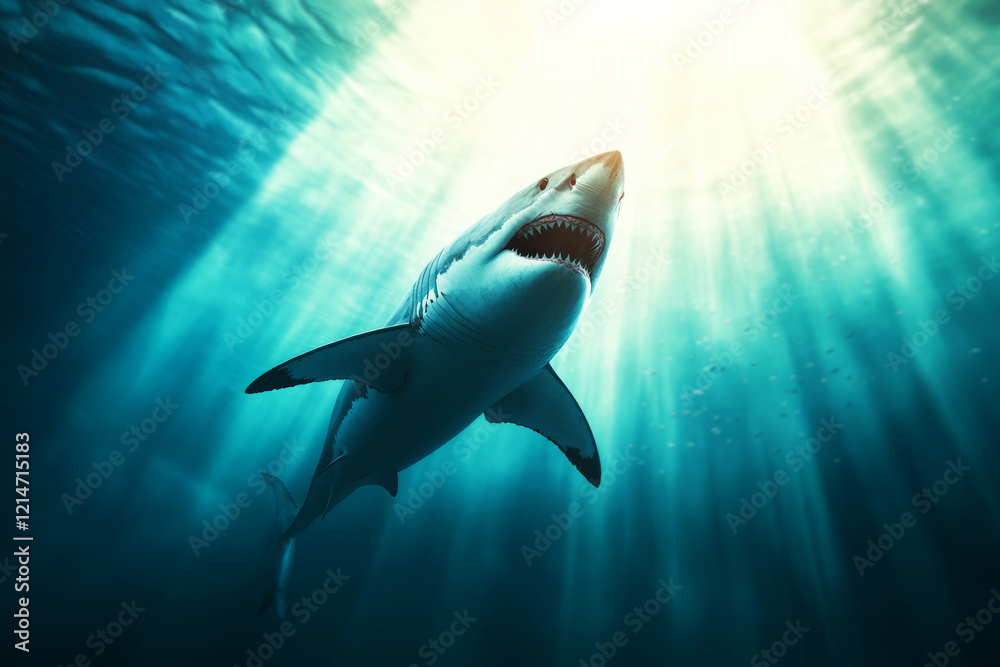 Fototapeta premium Majestic Great Shark Swimming in Crystal Clear Ocean with Sunlight Filtering Through Water