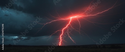 Striking red lightning bolt illuminates the dark sky