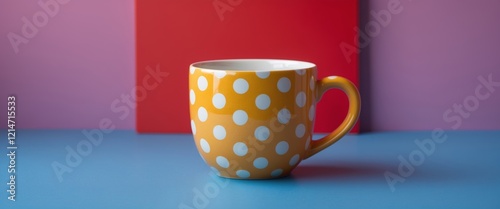 Vibrant polka dot tea mug on red and blue background for home decor and design photo