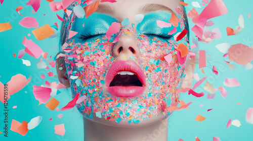 Colorful Face Makeup with Confetti Explosion: A Surreal Beauty Portrait photo