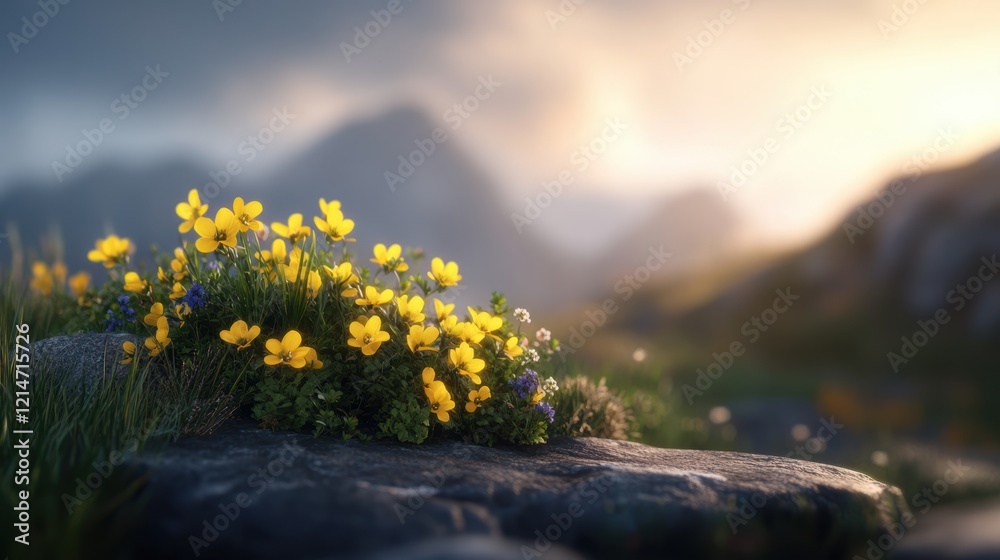 Obraz premium A vibrant cluster of yellow and purple wildflowers grows near a smooth stone, set against a softly blurred mountainous backdrop, Ideal for nature themes, gardening products, or outdoor activities,