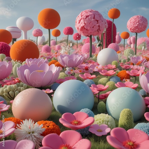 A close-up of a large field of pink flowers and various flora, as generated in Cinema4D. Soft, rounded shapes, spherical sculptures, bright orange and white, hyperrealist graphics, light sky-blue and  photo