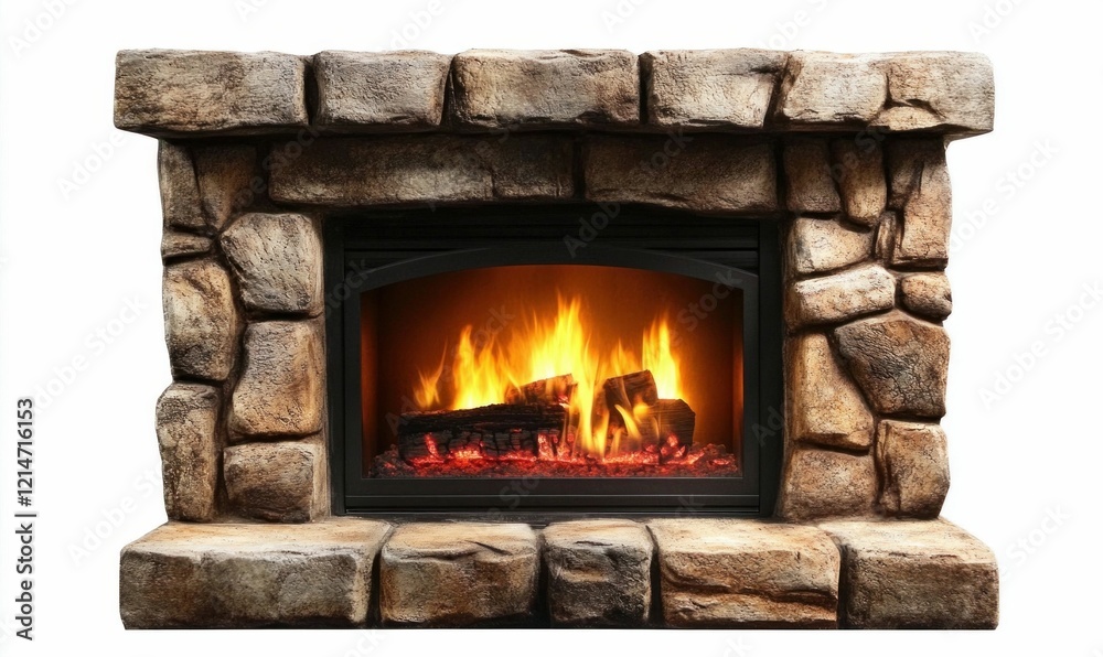 Rustic Stone Fireplace with Burning Fire Rustic Stone Fireplace with Burning Fire