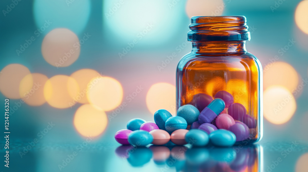 Colorful Pills and Capsules Spilling from an Amber Glass Bottle on a Soft Focus Background Colorful Pills and Capsules Spilling from an Amber Glass Bottle on a Soft Focus Background