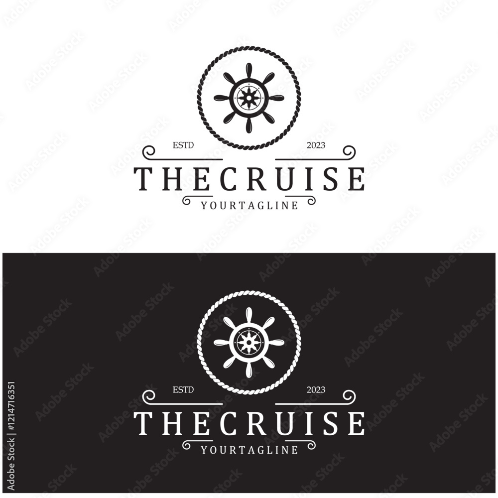 Obraz premium The cruise logo,ship steering logo, boat, yacht, rope, maritime, anchor. Logo for business, sailor, sailing, tourism