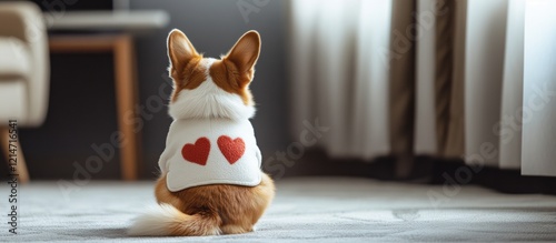 Cute Welsh Corgi puppy sitting lonely in eoom. He wearing kawai white sweater with teo red hearts on back. Horizontal banner.