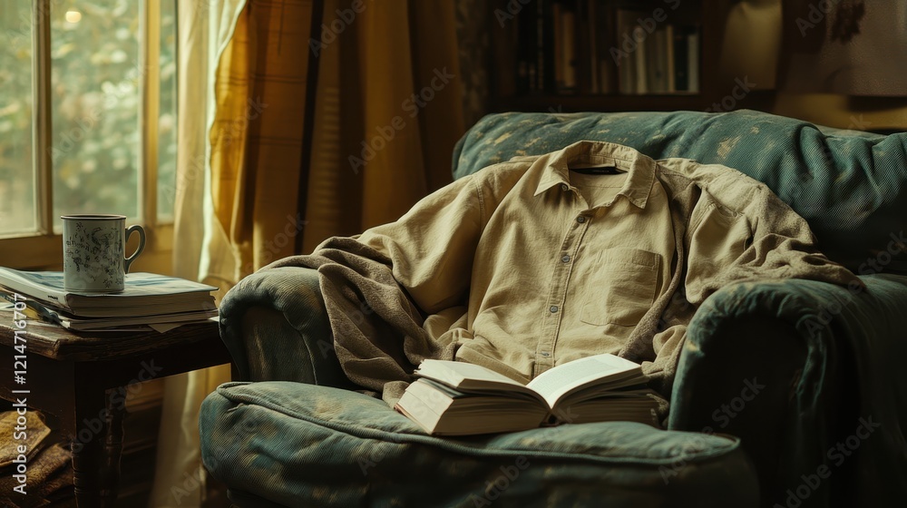 Cozy Reading Nook with Open Book and Mug on a Comfortable Armchair by a Sunlit Window in a Warm, Inviting Living Room Cozy Reading Nook with Open Book and Mug on a Comfortable Armchair by a Sunlit Window in a Warm, Inviting Living Room
