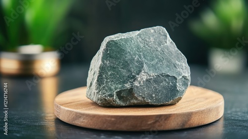 A natural stone sits on a wooden platter, displaying its raw texture, The blurred background features greenery, making it suitable for uses in home decor, interior design, and nature-themed projects, photo