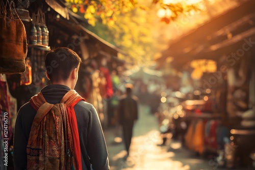 Wallpaper Mural Traveler Exploring a Vibrant Outdoor Market During Golden Hour in a Cultural Setting Torontodigital.ca
